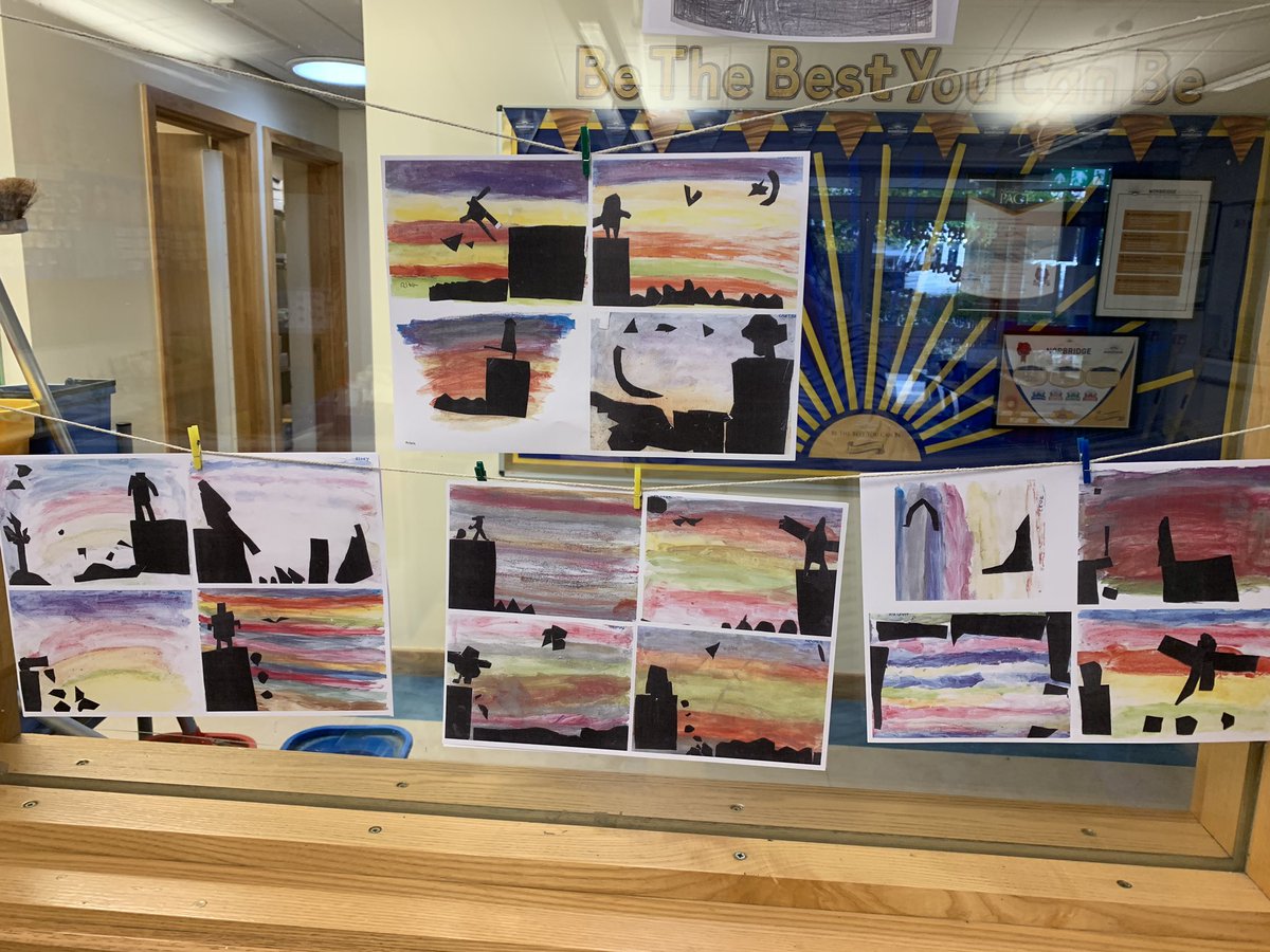 We have made fantastic silhouette pictures with sunset backgrounds in art today.