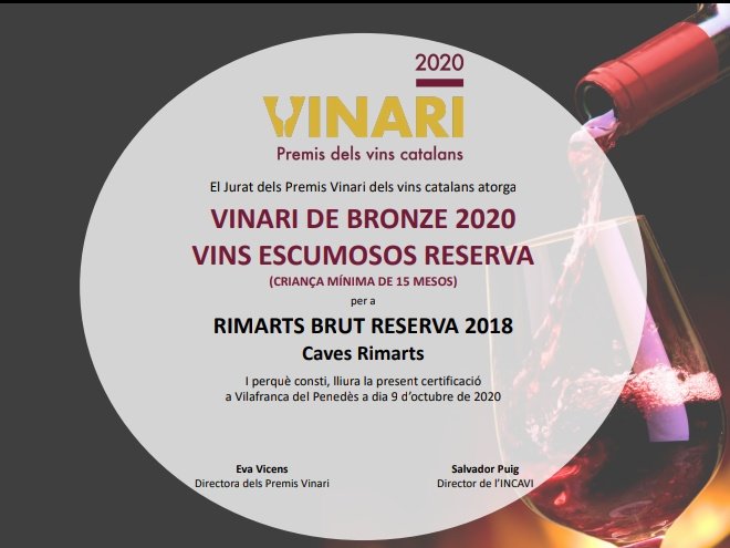 Ja hem rebut el premi Vinari d'enguany!
Our Vinari Award!
Premio para nuestro Cava Rimarts Brut Reserva!