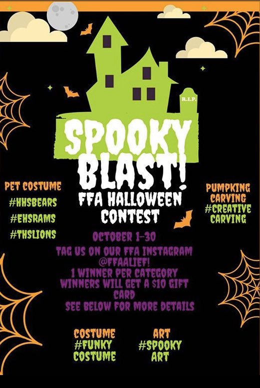 SqueekerE's tweet photo. .@AliefFfa is having a virtual #Halloween contest! Any @AliefISD student can participate. Prizes will be awarded in each category! Get your entries in by 10/31! See flyers... @AliefHastingsHS @ElsikHighSchool @AliefKerr #AliefFFA https://t.co/YyAmDqoh8s