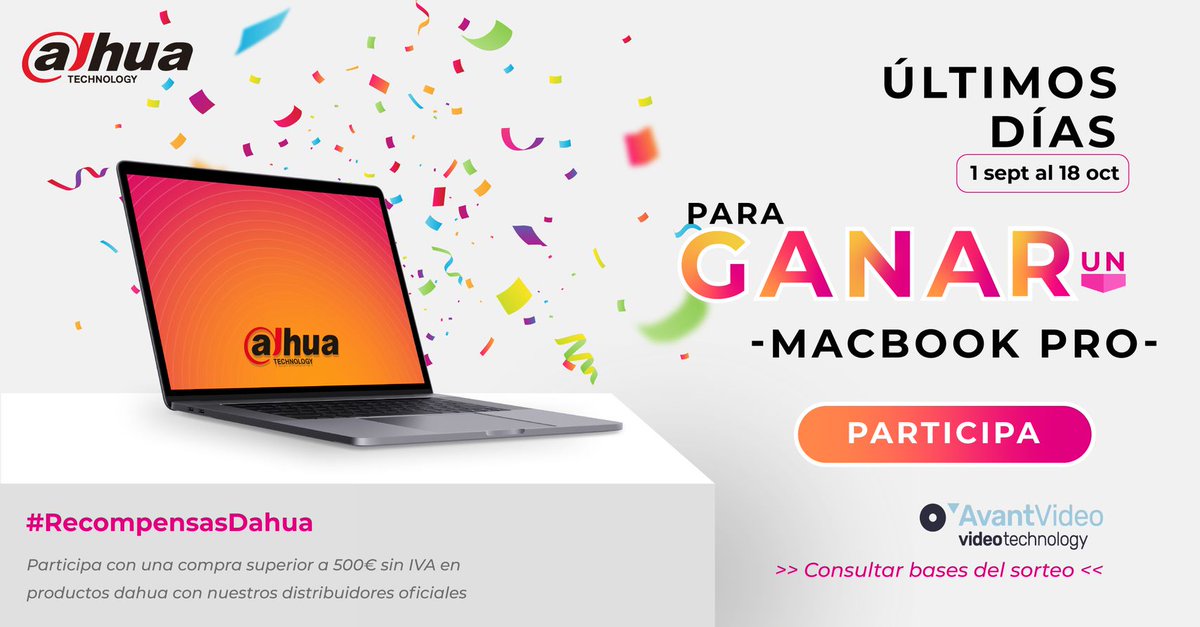 AvantVideoTech's tweet image. 📣Últimos días para participar en  #RecompensasDahua 

🚀¡Todavía puedes conseguir un MACBOOK PRO 💻 y muchos más premios! 

💻Regístrate hasta el 18 de octubre!!! Tus compras  en  nuestra tienda online, pueden conseguir premios. 

➡️Mas información:  iberia.dahuasecurity.com/sorteo2020/