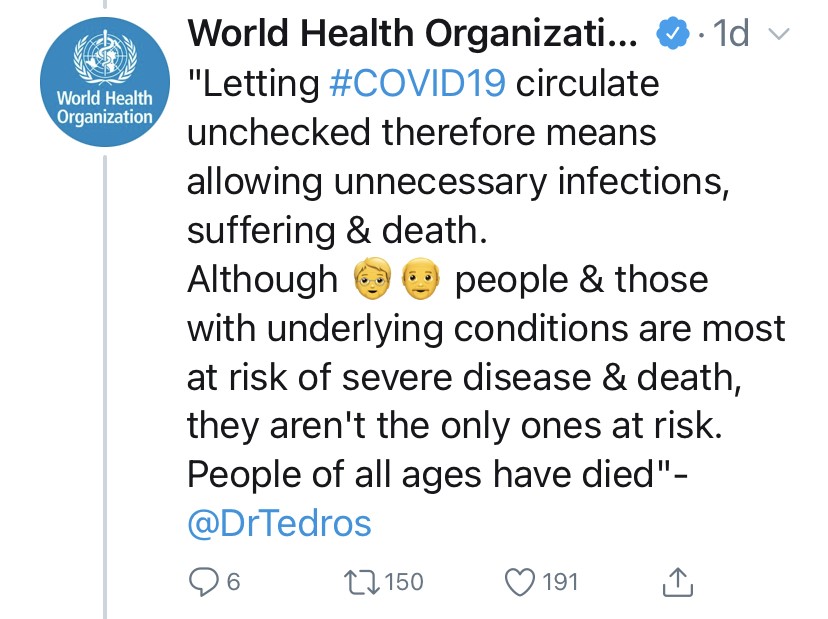 People of all ages die all the time. It is very unfortunate. The median age of  #COVID19 is around 80. The rest is anecdotal evidence. As a result of our response, so many have died due to missed treatment and many more will die due to missed early detection. 11/n