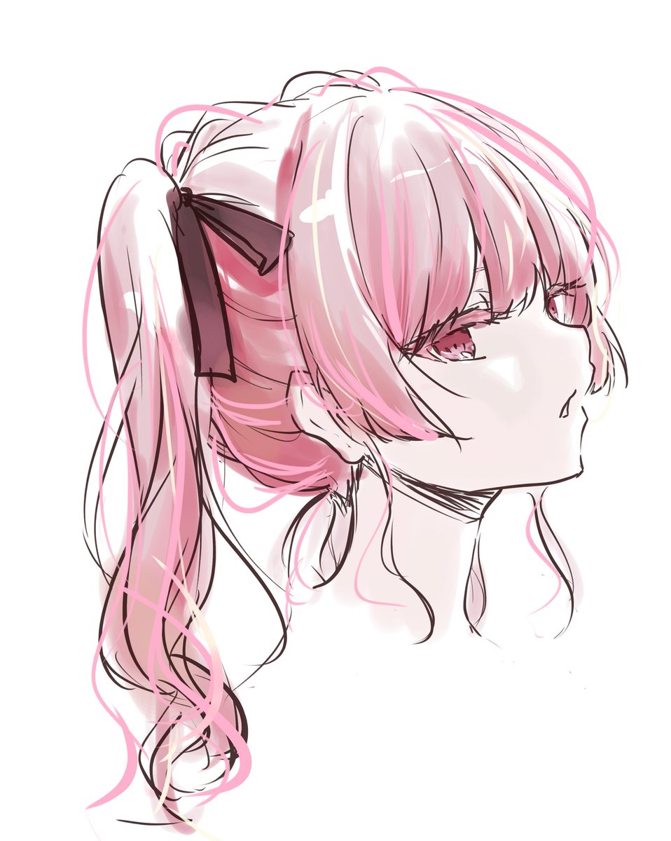 solo 1girl pink hair white background pink eyes twintails portrait  illustration images