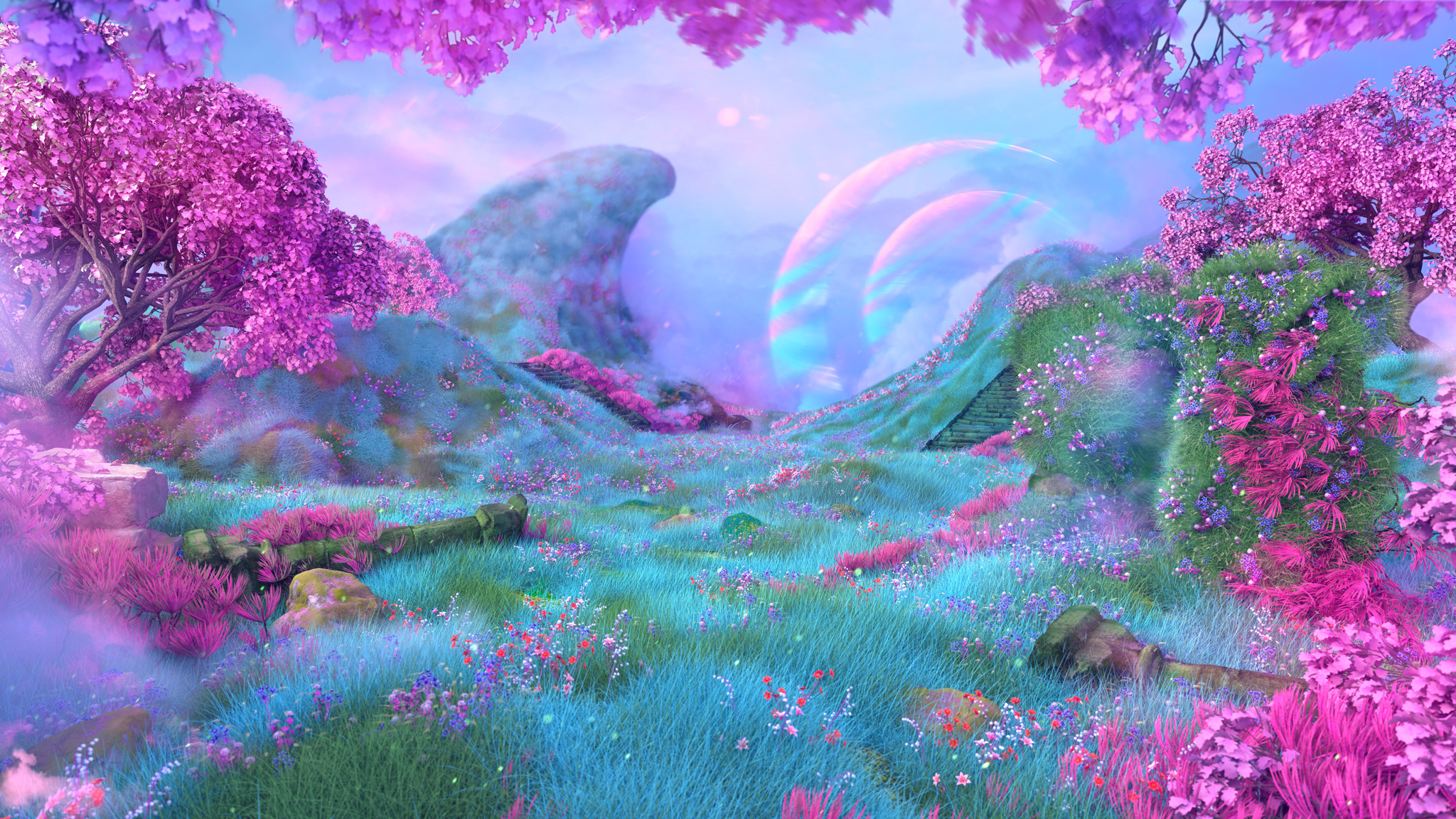 blue pink fantasy landscape