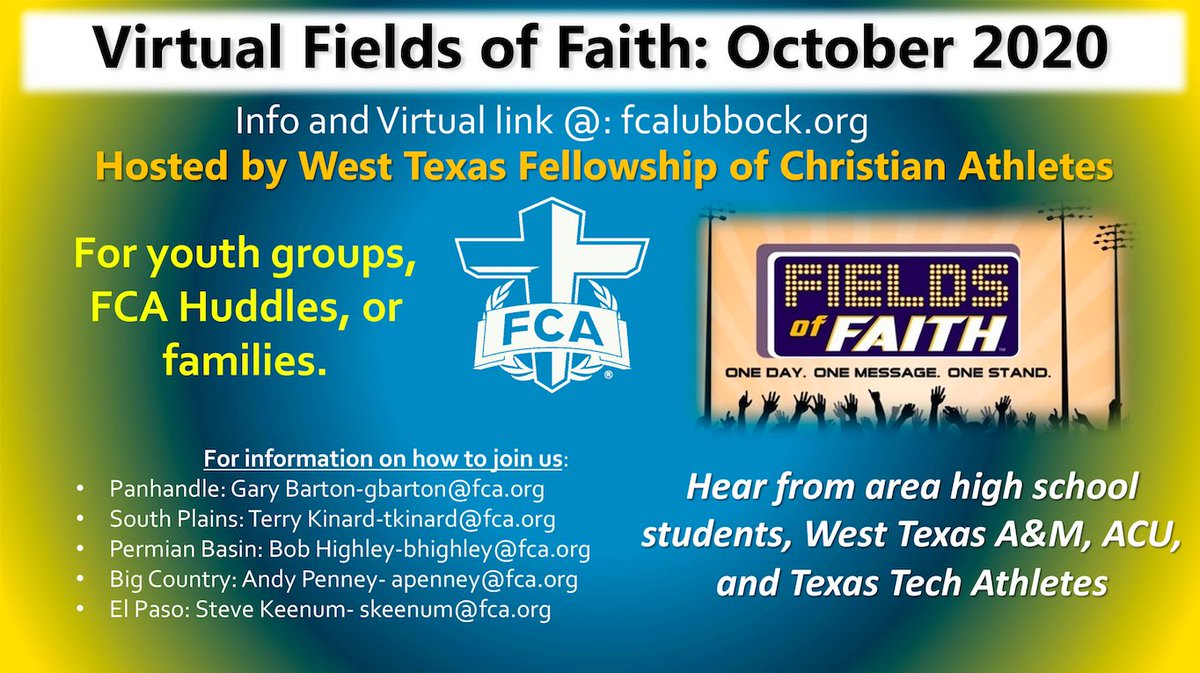 SouthPlainsFCA's tweet photo. TODAY IS THE DAY | #FOF20

Join us for the virtual launch of FIELDS OF FAITH at 7pm TONIGHT...or anytime. 

🎥 TUNE IN &amp; Share This Link ⬇️
https://t.co/bq37CftCeB https://t.co/5kgwgnbf9y