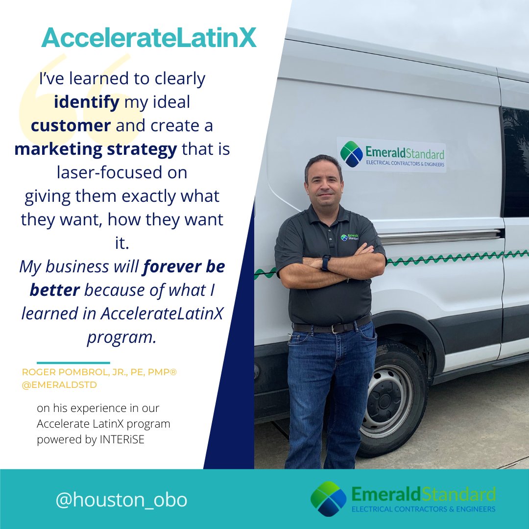 HoustonOBO's tweet photo. Meet Roger Pombrol, Jr. PE, PMPยฎ of @Emerald Standard Electrical Contractors & Engineers, and learn about his experience in the AccelerateLatinX program.
#Hispanicheritagemonth #AccelerateLatinX #houstonobo #houstonsmallbusiness #houstonentrepreneur #emarlaldstd #interise https://t.co/AMrthlHcWn