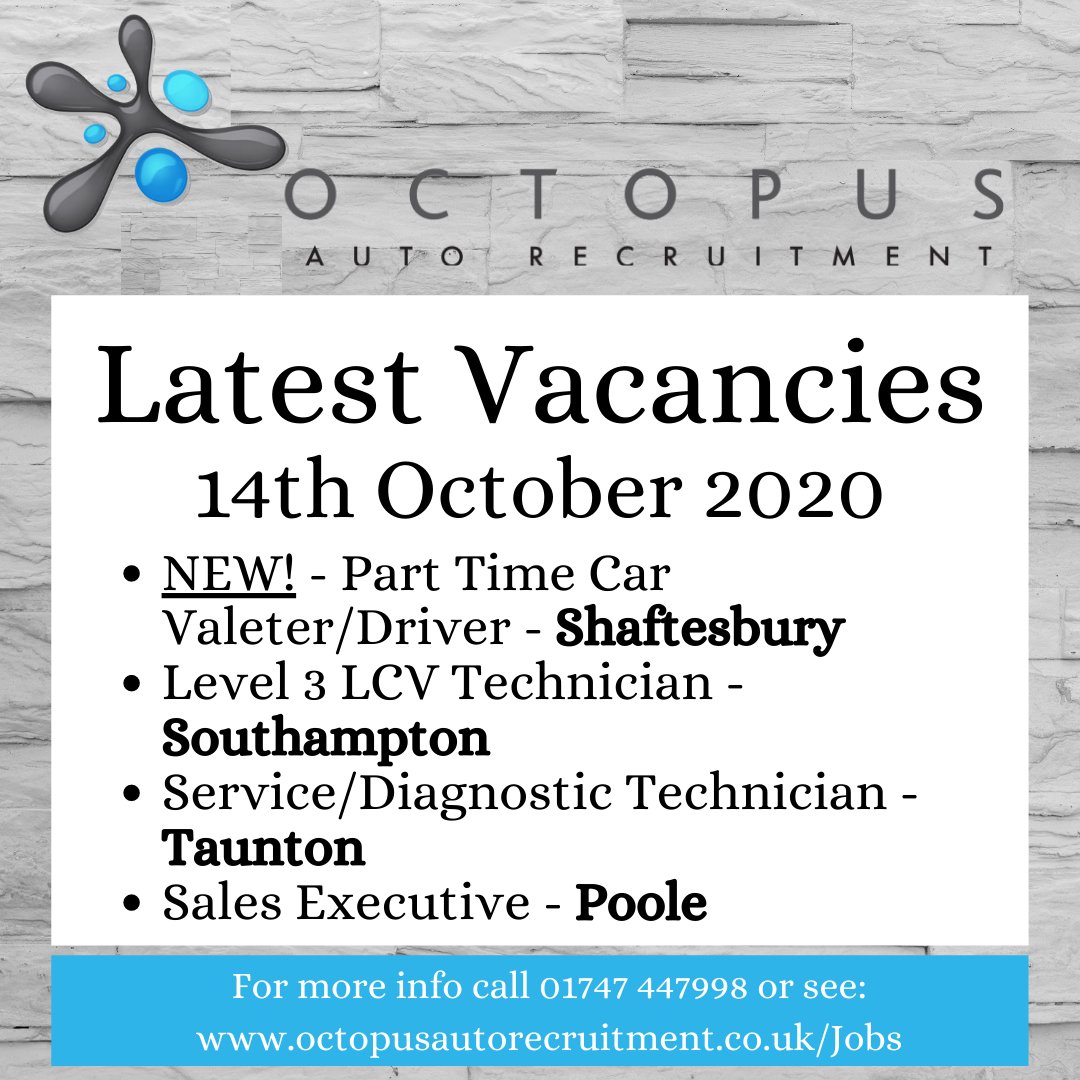 octopusautorec1's tweet image. Take a look at the exciting roles we have this week, all based in the #SouthWest.

Visit octopusautorecruitment.co.uk/Jobs  and find your next role today!

New career?  visit the website for all the top tips on getting start quickly in the car industry!

#OctopusAutoRecruit #findajob