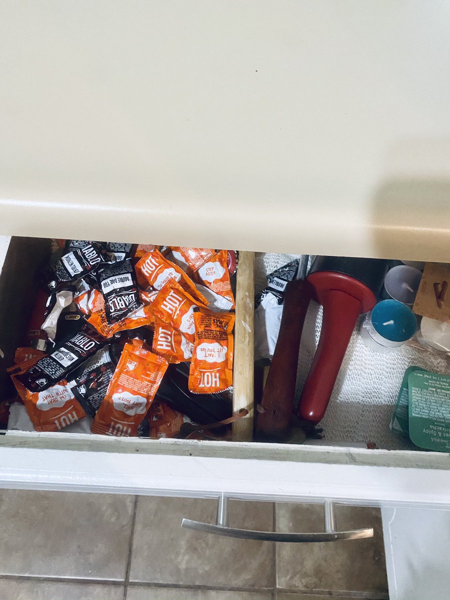 _stover's tweet image. Most people have junk drawers. I have a Taco Bell sauce drawer.