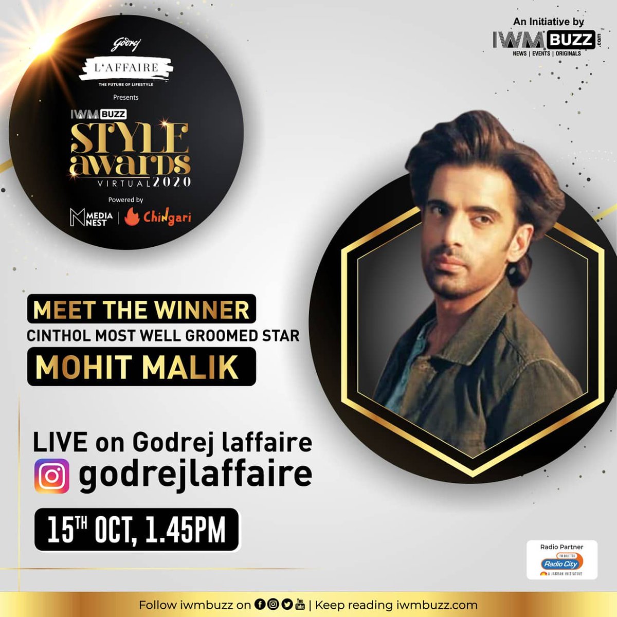 iwmbuzz's tweet photo. Meet the dashing @ItsMohitMalik live, @godrejlaffaire @iwmbuzz #styleawards2020 winner of The most well groomed star, joining us for an exclusive live interaction,sharp at 1:45pm!Join us in the fun tete-a-tete on 15th October.See you there #livetalk #stylebuzz #awards #stylefile https://t.co/zMDZKfgrGw
