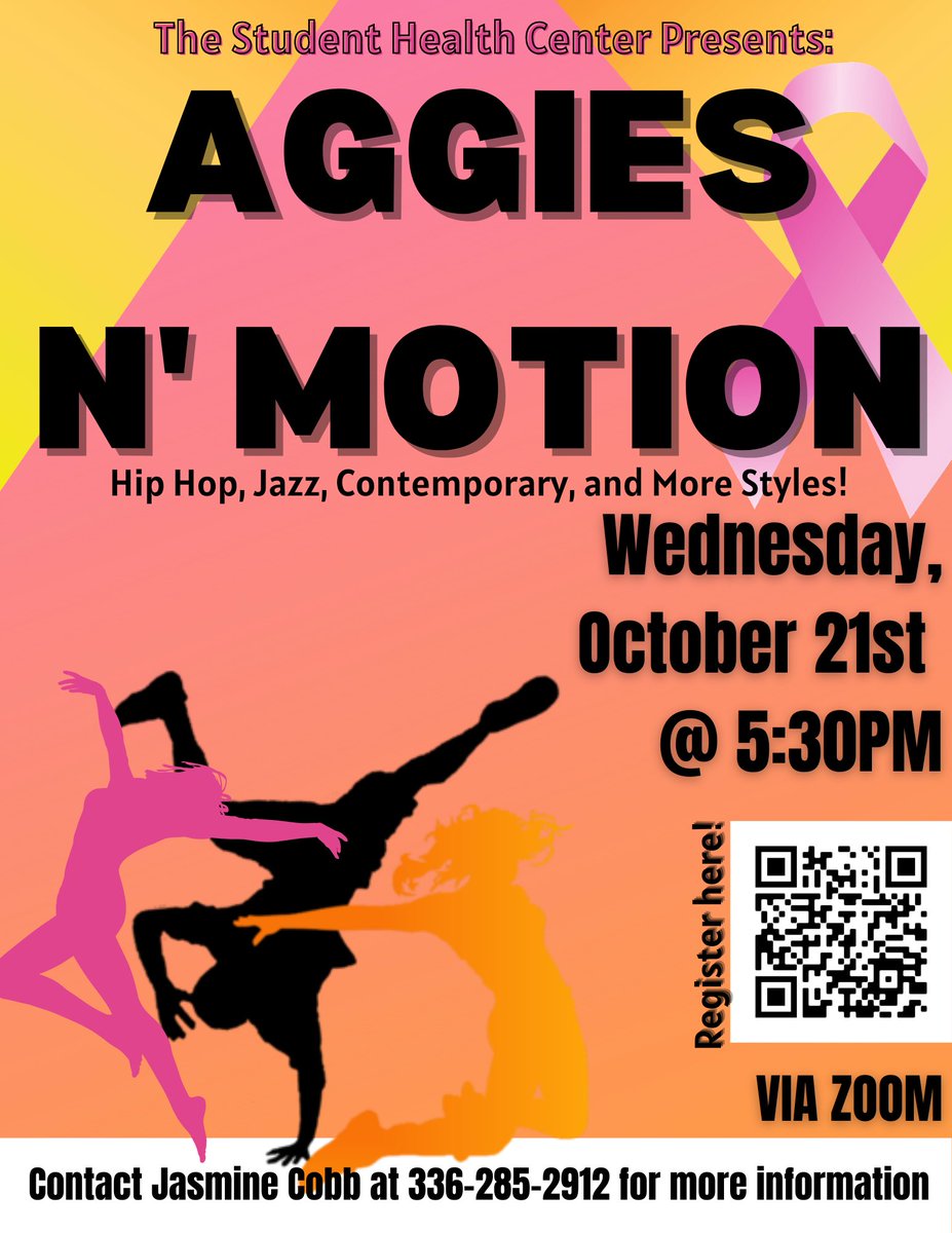 ncatshc's tweet photo. Come get your Groove On! Letโs see you rock out in your Pink! The student Health Center presents Aggies Nโ Motion dance workout class- Celebrating Breast Cancer Awareness ๐! Come get fit and bust a move! VIA zoom: Link in bio! #NCAT #AggiesNMotion #Fitness #Dance #danceinpink https://t.co/0Ba43AFKJP
