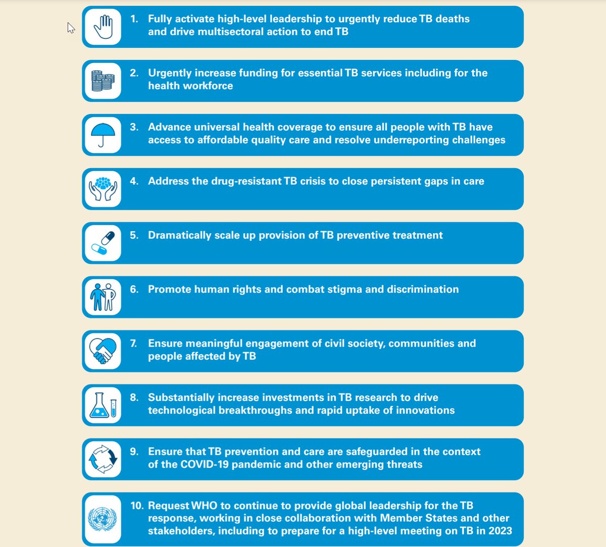 There are the 10 priority recommendations of the UN Secretary-General’s 2020 progress report on TB for actions needed to accelerate progress towards global TB targets
