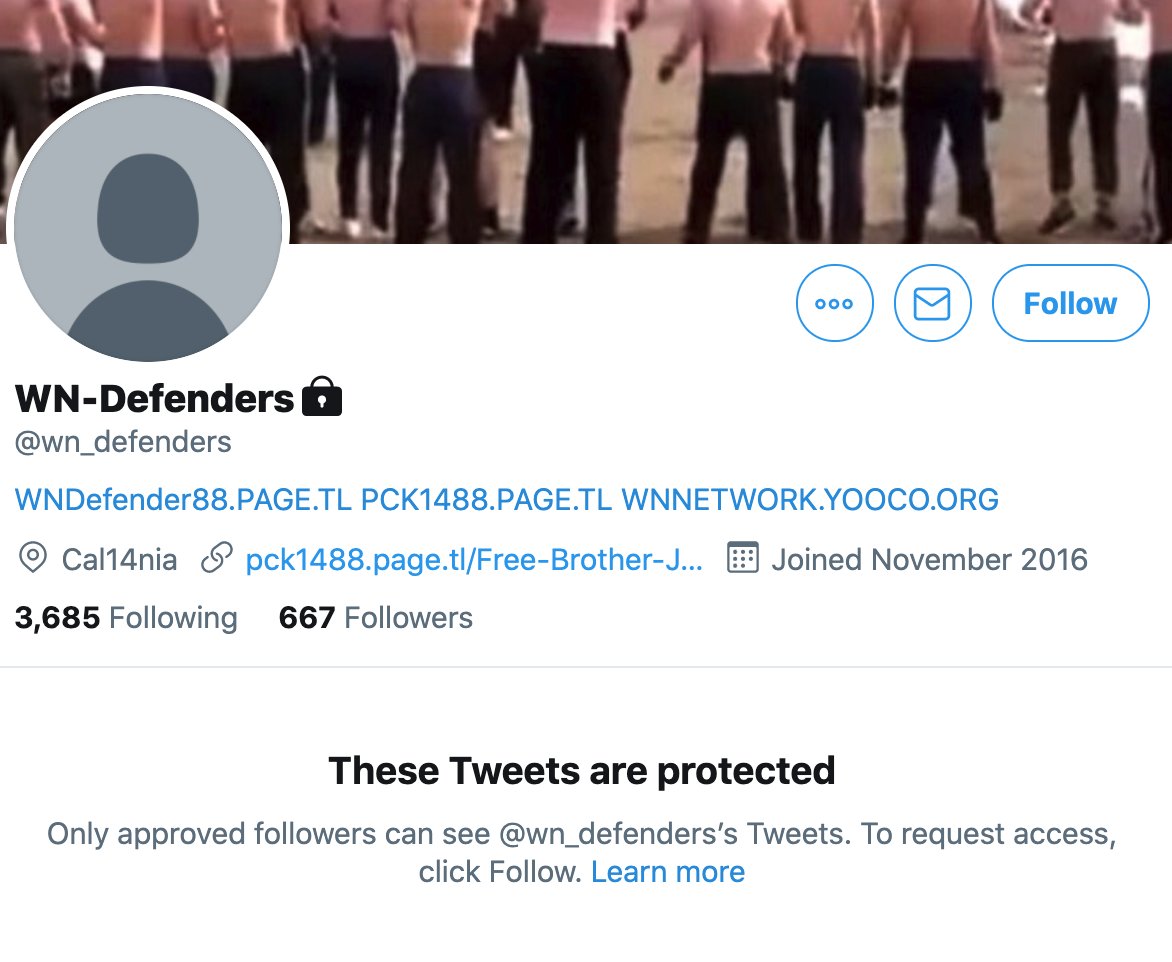 (also possibly interesting, one of  @ScottIngwers protected followers,  @wn_defenders, has the "1488" white supremacist dog whistle in its profile)