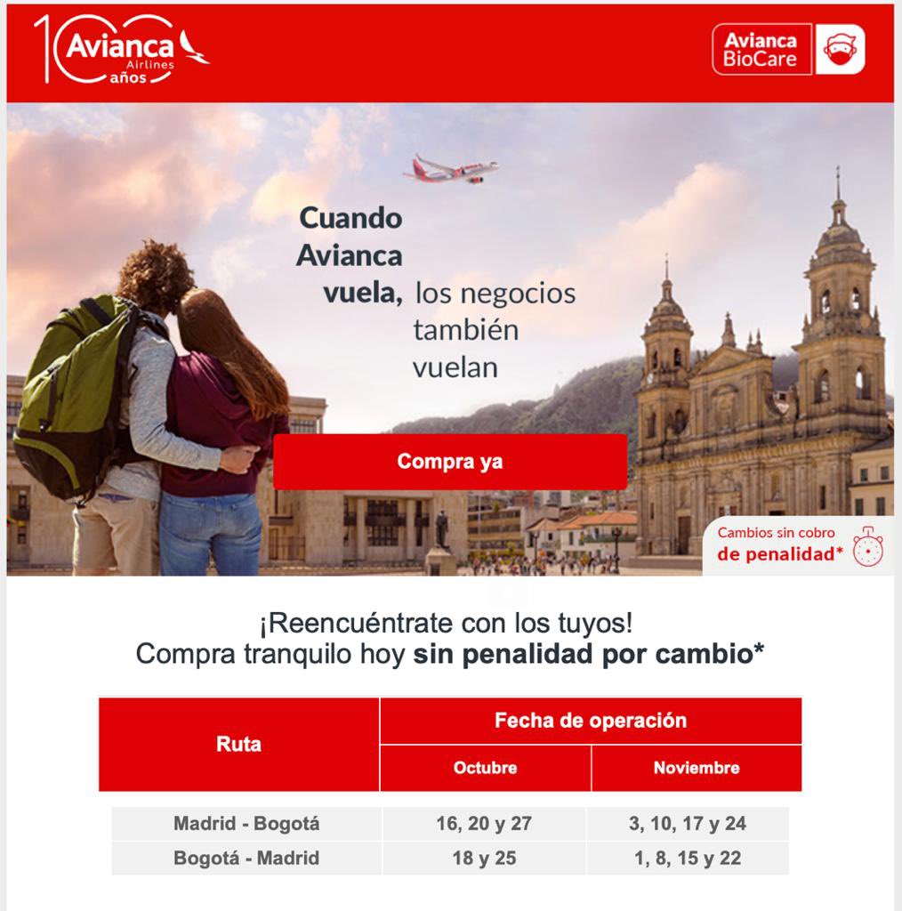 ⚠️ VUELOS DE RETORNO A ESPAÑA CON AVIANCA ⚠️

Vuelos especiales en octubre y noviembre para compra directa con Avianca en su Call Center o avianca.com.co 
Requisitos para ingresar a España en exteriores.gob.es/Consulados/BOG…