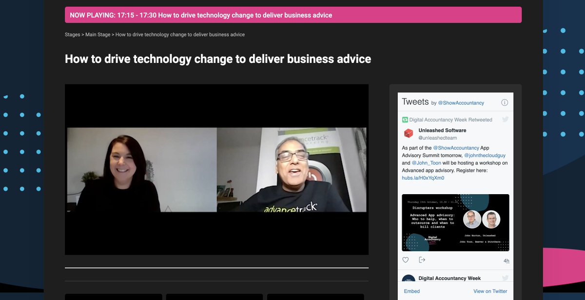 DigitalAccShow's tweet photo. Up next is @vipulsheth and @KatherineOC10 on "How to drive technology change to deliver business advice" A really great session not to miss. Watch live >> https://t.co/qFrQabZy14

#digitalaccountancyweek #top100techsummit #BDO #advancetrack https://t.co/kslWcfjiEh