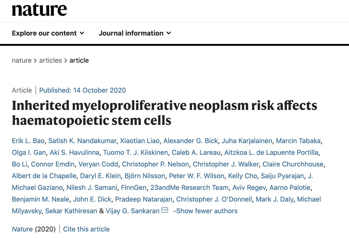 Now online @nature! Myeloproliferative neoplasms have one of the highest familial risks among cancers, but what drives this? Biobank-level GWAS and functional analyses implicate HSC function. Huge team effort w/<a href="/neuron81/">Satish Nandakumar</a>, <a href="/xiaotianliao/">Xiaotian</a>, <a href="/bloodgenes/">Vijay Sankaran</a> nature.com/articles/s4158… 1/n