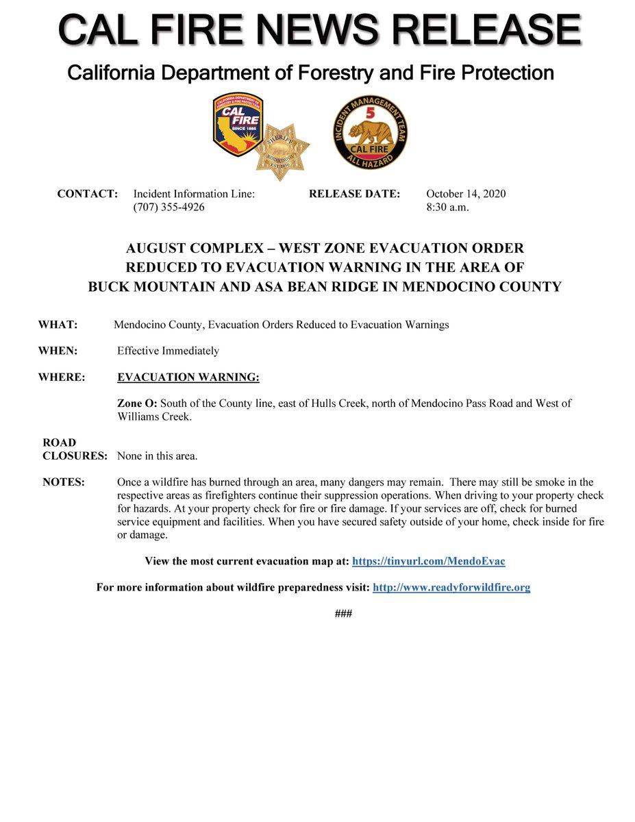 CAL_FIRE's tweet image. #AugustComplex | Evacuation Update