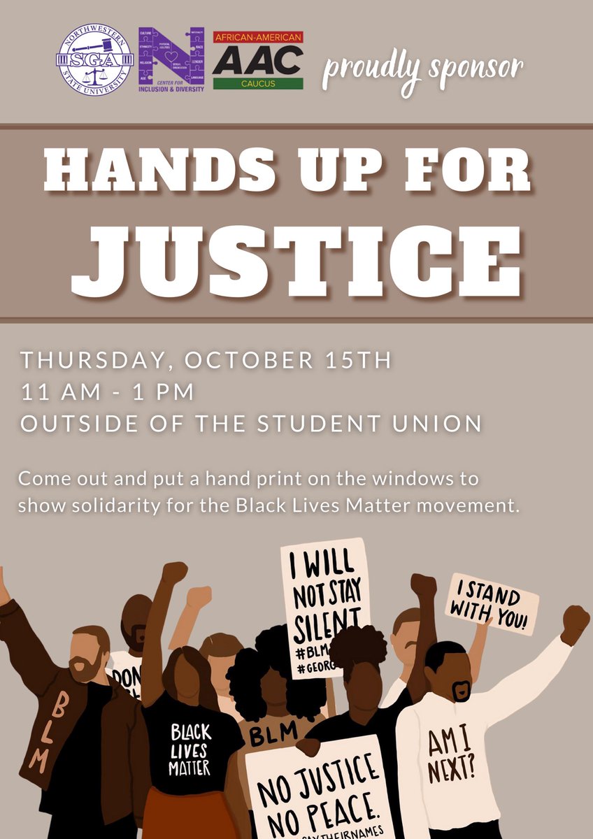 Join us tomorrow outside of the Student Union for Hands Up for Justice. We would love for you to come out and show solidarity for the Black Lives Matter movement.