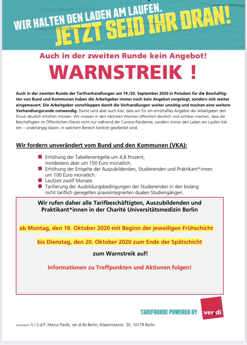 charitetherape1's tweet photo. Warnstreikaufruf für den 19./20.10. ab Beginn der Frühschicht @ChariteBerlin und @Vivantes durch @_verdi ! weiterhin wird eine Notdienstvereinbarung seitens des Arbeitgebers abgelehnt. https://t.co/BOrEzGuHDt