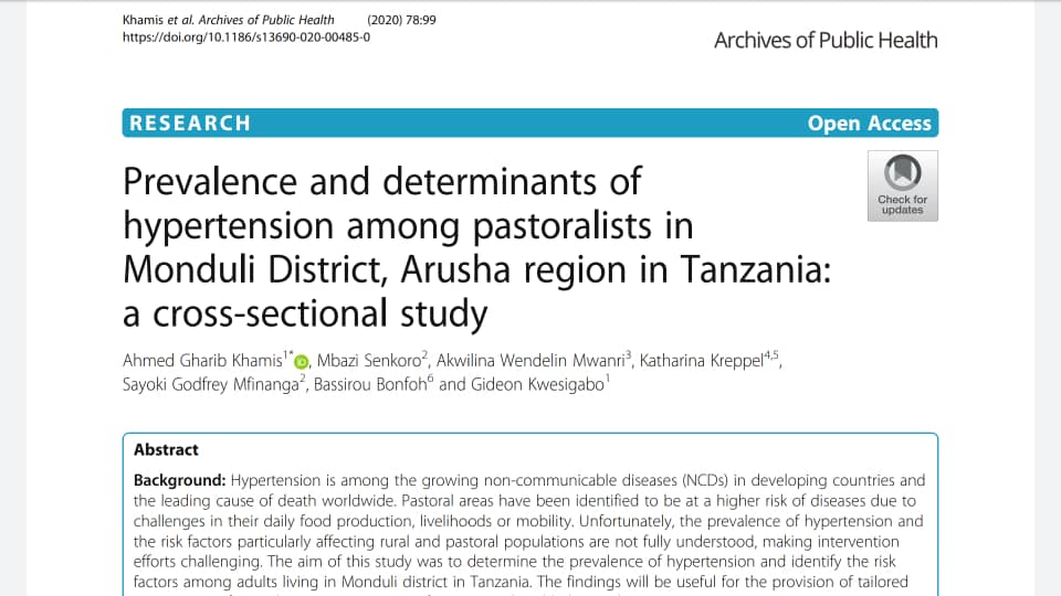AfriqueOneREACH's tweet photo. We are proud to share with this new article on "Prevalence and determinants of hypertension among pastoralists in Tanzania". 
To read...https://t.co/XNzeijLB5d

Congratulations @ahmadboycd and team @kkreppel @babonfoh https://t.co/HyouQmTF4Z
