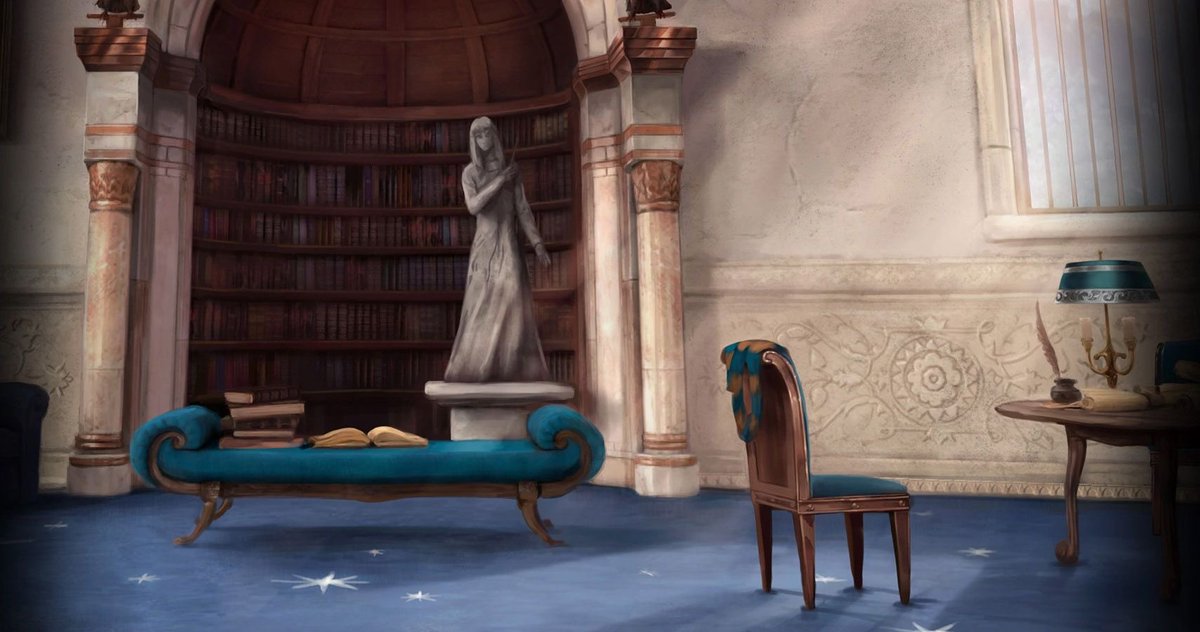 The Ravenclaw common room is in one of the castle's towers. It has graceful arched windows, and the walls are hung with blue and bronze silks. Tables, chairs, and bookcases cover the expanse of the floor, and a white statue of Rowena Ravenclaw sits next to the door