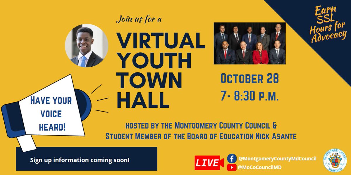 🗓️Save the date! Join us for a virtual youth town hall on Oct. 28 at 7 p.m. co-hosted by the Council &amp; <a href="/MCPS/">MCPS</a>'  <a href="/nickasante_/">Nick Asante</a> . Have your voices heard! Earn SSL hours for participating &amp; advocating. Sign up information coming soon. <a href="/mocoboe/">Moco BOE</a>