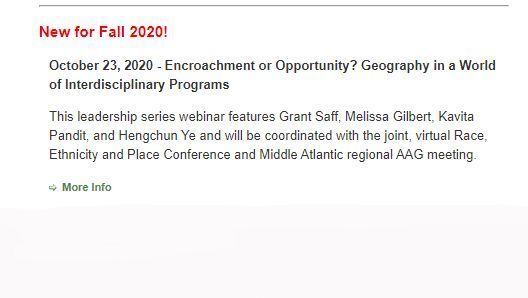 theAAG's tweet image. Thinking about how geography fits on your campus? Join us Oct 23 for a webinar: Encroachment or Opportunity? Geography in a World of Interdisciplinary Programs. Open to all, it will be held in conjunction with @REP_conference and #AAGRegions MAD meeting bit.ly/2FbWBNp