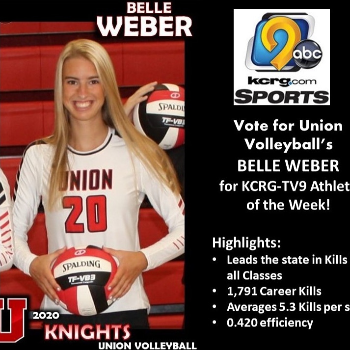 DebWeber02's tweet image. Belle Weber is a finalist for this week's KCRG TV-9 athlete of the week.  Go Belle! And go to: kcrg.com to vote 👍🏐 Go Knights! ❤🖤❤ @belleweber02