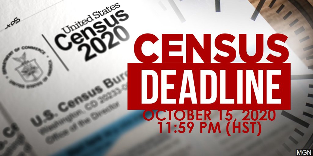CrimsonbridgeDC's tweet image. The #Census2020 deadline has been *moved*. You can respond by: 
- internet until 10/15 11:59 pm HST or 10/16 5:59 am ET
- phone 10/15
- paper postmarked by 10/15
- nonresponse follow-up ends at the end of the day 10/15. 

Fill out the #Census today! my2020census.gov