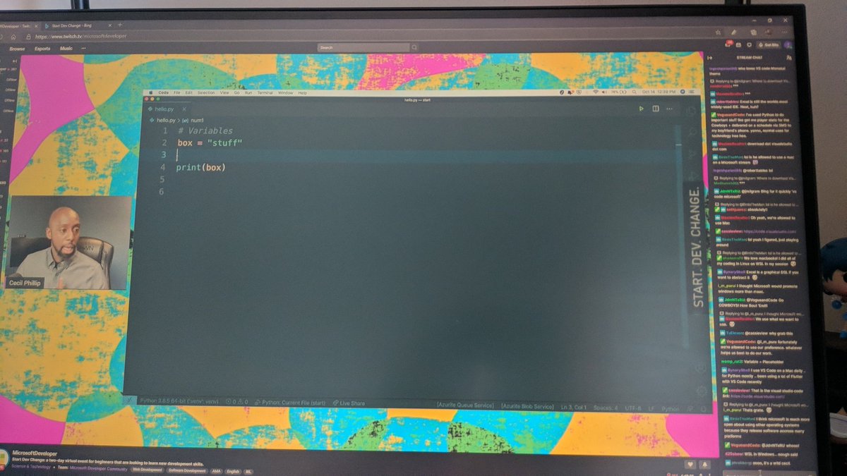 NoelKM's tweet image. Turning into #StartDevChange listening to @cecilphillip talk python 🐍 ! I&apos;ll be hanging out in the Twitch chat so come say hi 👋