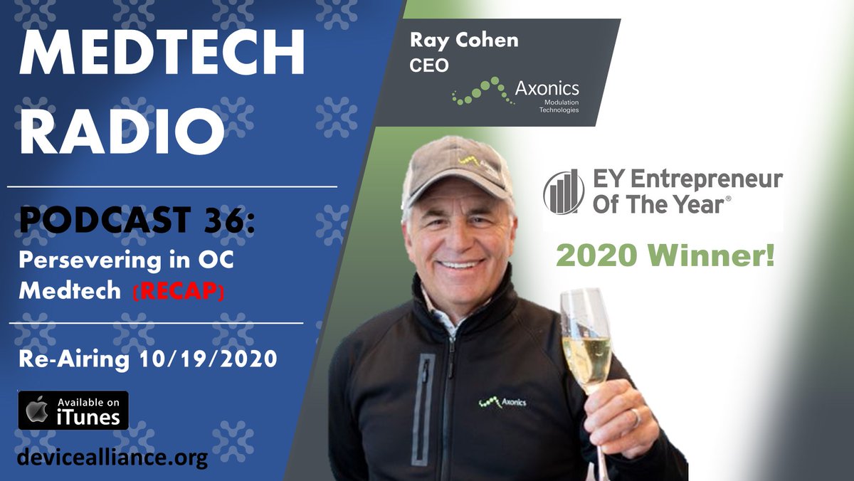 Exciting news!

Raymond W. Cohen, CEO of Axonics Modulation Technologies, Inc. is a winner of Ernst &amp; Young's 2020 Entrepreneur of the Year Award.

Join us on 10/19/20 as we re-release our podcast with Ray.

lnkd.in/gT9WNSz

#podcast #medicaldevice #medtech