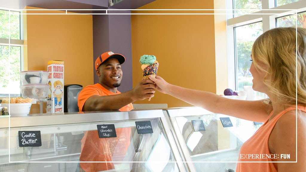 Happy #NationalDessertDay! Treat yourself today with one of your favorites — like a cone at '55 Exchange ice cream here on campus! Be sure to check it out! #ExperienceFun