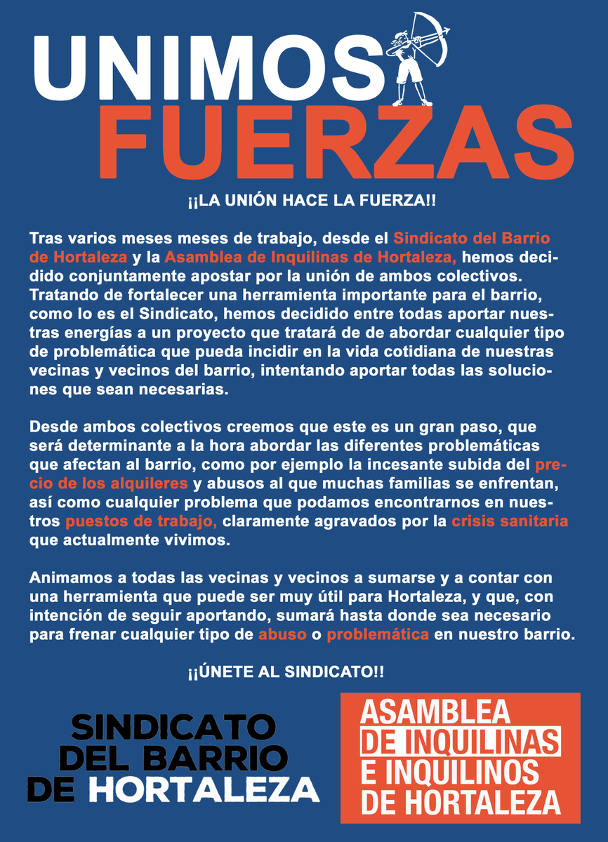 SindiHortaleza's tweet photo. Hoy, pese a todo, traemos también buenas noticias.

📣 ATENCIÓN 📣

Tras meses de preparación y trabajo codo con codo, la Asamblea de Inquilinas de Hortaleza (@inquilinasHTZ  y el Sindicato nos unimos para trabajar juntas y dar respuesta con más fuerza a los casos que nos llegan. https://t.co/ZKTGuKNS6f