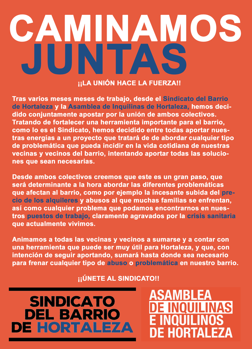 SindiHortaleza's tweet photo. Hoy, pese a todo, traemos también buenas noticias.

📣 ATENCIÓN 📣

Tras meses de preparación y trabajo codo con codo, la Asamblea de Inquilinas de Hortaleza (@inquilinasHTZ  y el Sindicato nos unimos para trabajar juntas y dar respuesta con más fuerza a los casos que nos llegan. https://t.co/ZKTGuKNS6f