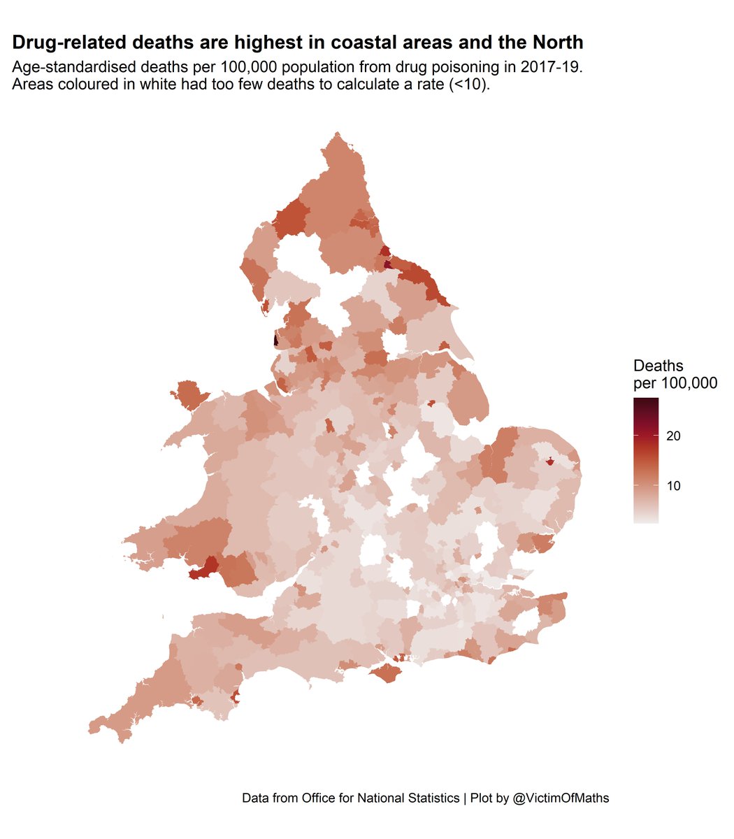 Breaking things down even further, there's a clear association between coastal areas and higher rates of drug-related deaths, with Blackpool having by far the highest rate of anywhere in the country.