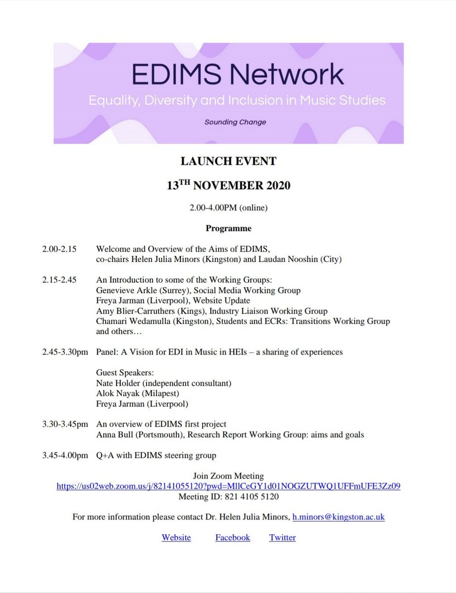 EDIMusicStudies's tweet photo. We are excited to announce our online launch event including a panel session on "A Vision for EDI in Music in HEIs"! Please join us on 13th November to hear from our guest speakers Nate Holder (@N8Holder), Alok Nayak &amp; Freya Jarman (@freya_jarman).

https://t.co/eBlEZuUSk8 https://t.co/kh95XS21Nc