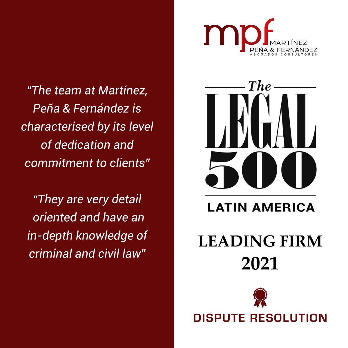 mpfrd's tweet photo. Nos complace comunicar que la prestigiosa Guía Legal 500 Latinoamérica en su Ranking para el 2021 ha incluido a Martínez, Peña &amp; Fernández como una firma líder en el área de Litigios y Resolución de Conflictos, clasificada en el Nivel 3 para la República Dominicana. https://t.co/wESJi7Xumz