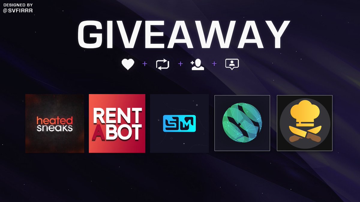 Giveaway Time 🎉 

1x <a href="/ProxiesCyber/">CyberProxies</a> 1GB Resi
1x <a href="/HeatedSneaks/">Heated Sneaks</a> Copy
1x <a href="/SplashMarket/">Splash Market</a> $10 MM Credit
1x <a href="/Rent_A_Bot/">RentABot</a> $15 Credit
1x <a href="/Cool_Cooks/">Cool Cooks</a> Membership

Rules:
- Follow all accounts
- RT
- Tag 1 Friend

Good Luck! 🎁