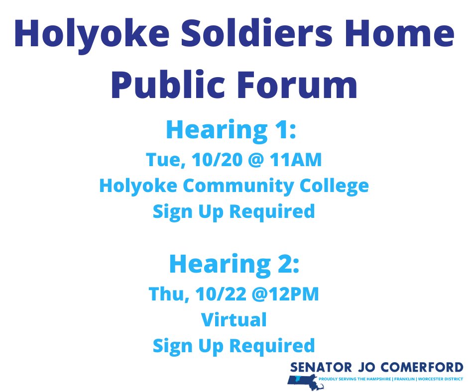 Jo Comerford (@jo_comerford) on Twitter photo Public Forums: Holyoke Soldiers Home
#1: 10/20 @ 11am: <a href="/HolyokeCC/">Holyoke Comm College</a>
#2: 10/22 @ 12pm: virtual
Sign up: docs.google.com/forms/d/e/1FAI…
TY <a href="/WalterFTimilty/">Walter F. Timilty</a> + <a href="/StateRepLDC/">Linda Dean Campbell</a> for organizing. S/o to <a href="/MindyForMA/">Mindy Domb</a> <a href="/AaronMVega/">Aaron Vega</a> <a href="/SenJohnVelis/">Senator John Velis</a> @repwagner @michaeljfinn for representing WMA families Public Forums: Holyoke Soldiers Home
#1: 10/20 @ 11am: <a href="/HolyokeCC/">Holyoke Comm College</a>
#2: 10/22 @ 12pm: virtual
Sign up: docs.google.com/forms/d/e/1FAI…
TY <a href="/WalterFTimilty/">Walter F. Timilty</a> + <a href="/StateRepLDC/">Linda Dean Campbell</a> for organizing. S/o to <a href="/MindyForMA/">Mindy Domb</a> <a href="/AaronMVega/">Aaron Vega</a> <a href="/SenJohnVelis/">Senator John Velis</a> @repwagner @michaeljfinn for representing WMA families