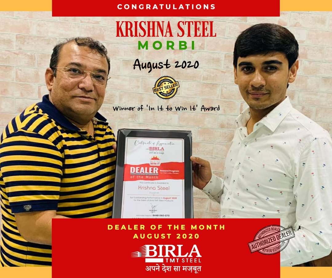 🏅 DEALER OF THE MONTH 🏅

Congratulations to KRISHNA STEEL - MORBI (Saurashtra Zone) for winning Award of Dealer of the Month' for August 2020 🏆

#dealerofthemonth 
#KrishnaSteel
#BirlaTMTSteel 
#ApneDeshSaMazboot