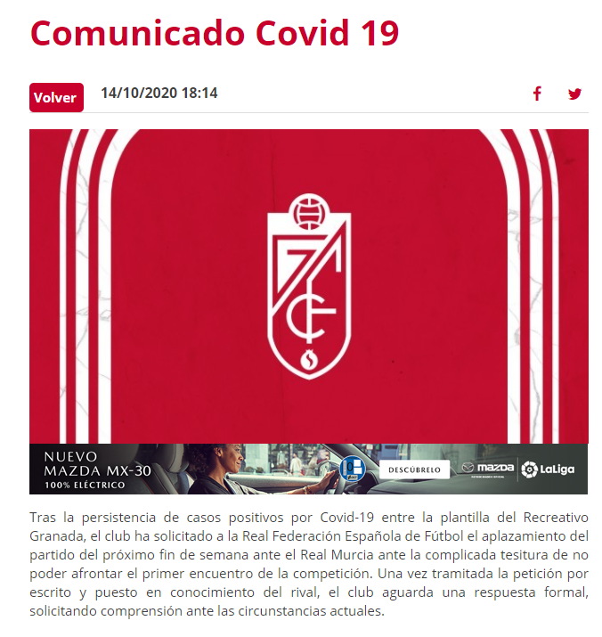 RealMurciaEB's tweet photo. 💣💣El Recreativo Granada, que sería el rival de esta primera jornada ante el Real Murcia ha confirmado que hay varios positivos por COVID-19 en la plantilla, el club nazarí ha solicitado ante la RFEF un aplazamiento del partido.
📷Este es el comunicado con el que han informado. https://t.co/CEzPi8p6i2