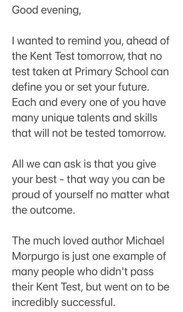 SSJSCanterbury's tweet image. A message from Mr Jarvis to all Year 6 pupils sitting the Kent Test tomorrow 👇