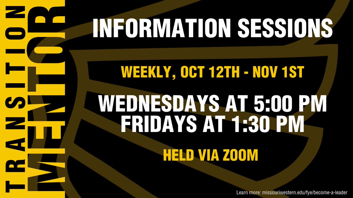 NewGriffs's tweet image. Learn more about our Transition Mentor roles at information sessions throughout October! Join us live on Zoom: missouriwestern.edu/fye/informatio…