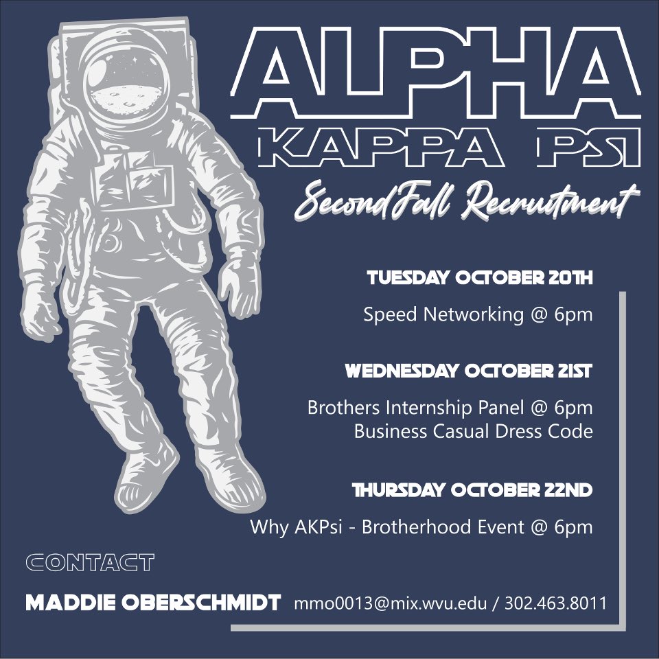 It’s time to get excited because our second week of recruitment is less than a week away! Join us to see why AKPsi is out of this world! 🌏💫<a href="/WVUGreekLife/">WVU Fraternity & Sorority Life</a> <a href="/wvuchambers/">WVU John Chambers College of Business & Economics</a> <a href="/WVUPGC/">WVU Professional Greek Council</a> <a href="/WestVirginiaU/">WVU Mountaineers · Let’s Go!</a>