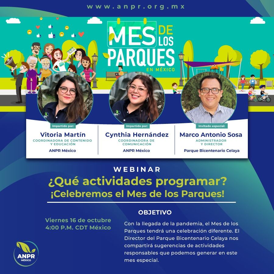 ANPRMexico's tweet photo. 📣¡NUEVO WEBINAR!💻
¿Qué actividades programar?
¡Celebremos el Mes de los Parques!

📅Viernes 16 de octubre
⏰4:00 P.M. CDT México
Registrate gratis: https://t.co/hSN1D4dgJb

No lo olvides  ¡Eres parte de este movimiento! 
Comparte o etiqueta a tus colegas 🤸‍♀️🐌🙆‍♀️🙆‍♂️ https://t.co/xOsetxo2vt