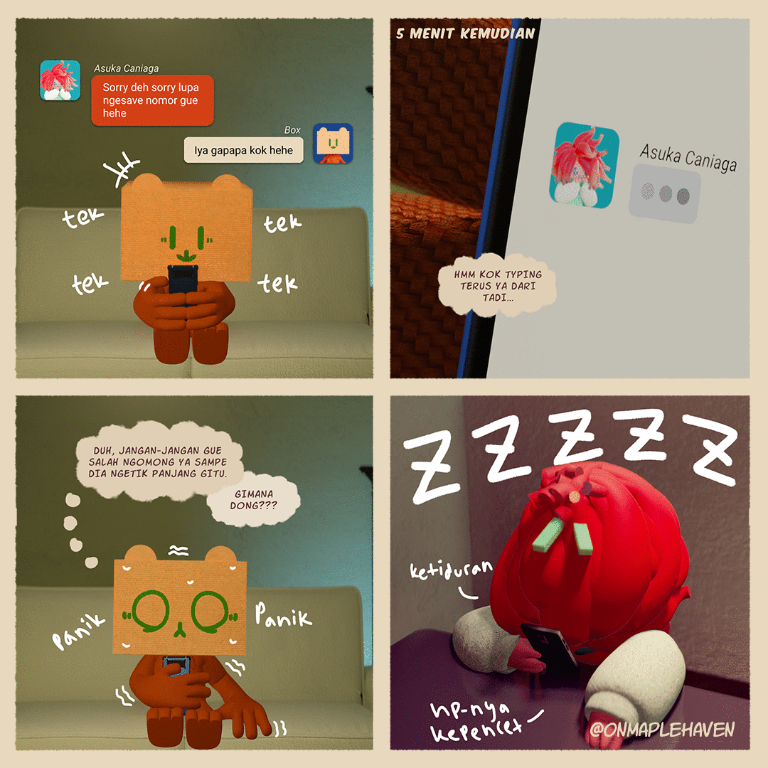 OnMapleHaven's tweet photo. Tetap tenang⦠Siapa tau doi lupa bales karena ketiduran hehe. Stay positive, boys!
#MapleHaven #KomikStrip #3DAnimation https://t.co/efLZD3BS8N