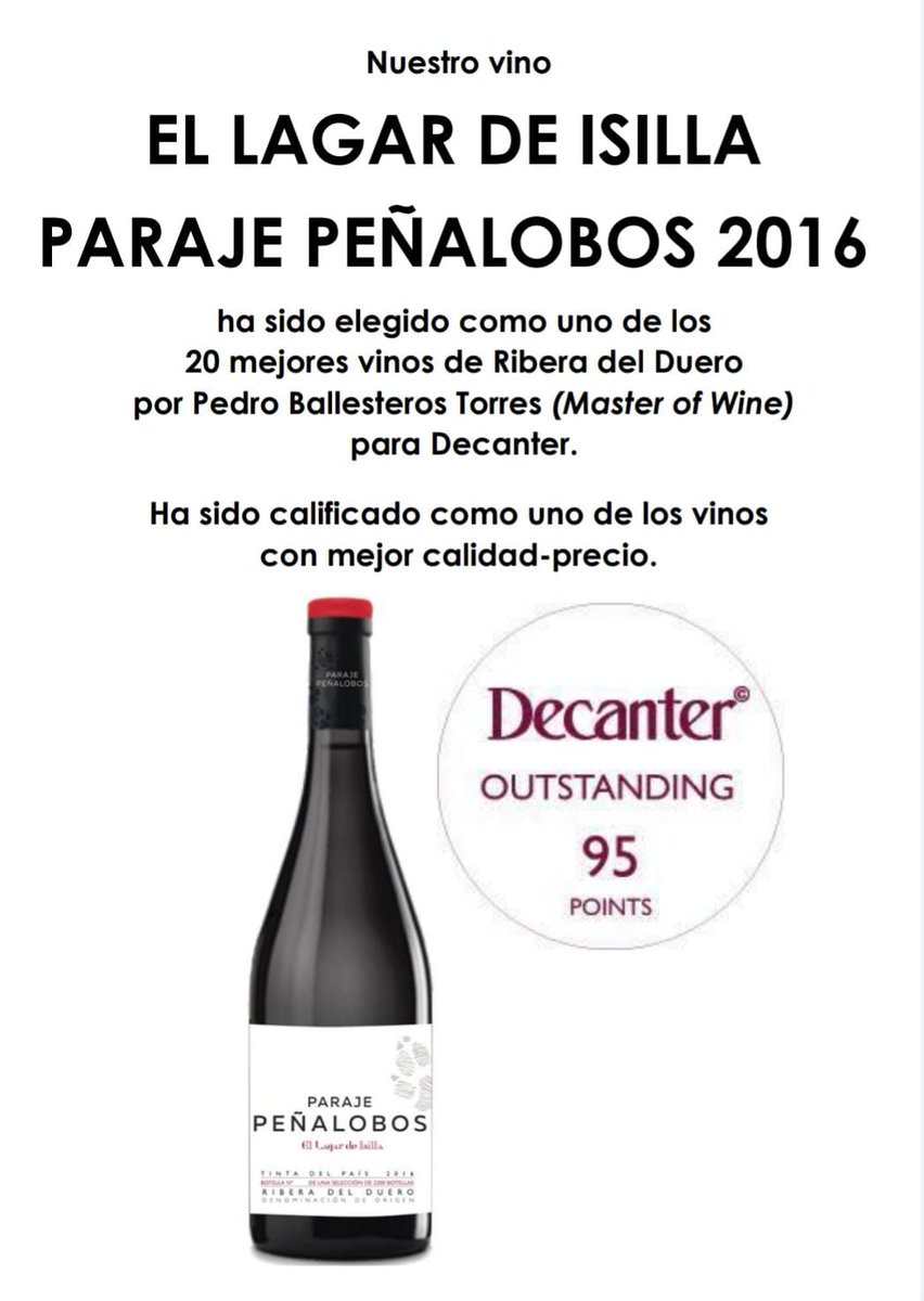 swiss_spain's tweet photo. Notre vin Paraje Peñalobos a été choisi comme l'un des 20 meilleurs vins de Ribera de Duero par Pedro Ballesteros Torres (Master or wine) pour Decanter. Il a été classé parmi les meilleurs vins de qualité-prix. #qualiteprix #restauration #pedroballesterostorres #decanter #import https://t.co/VxdZBfjneK