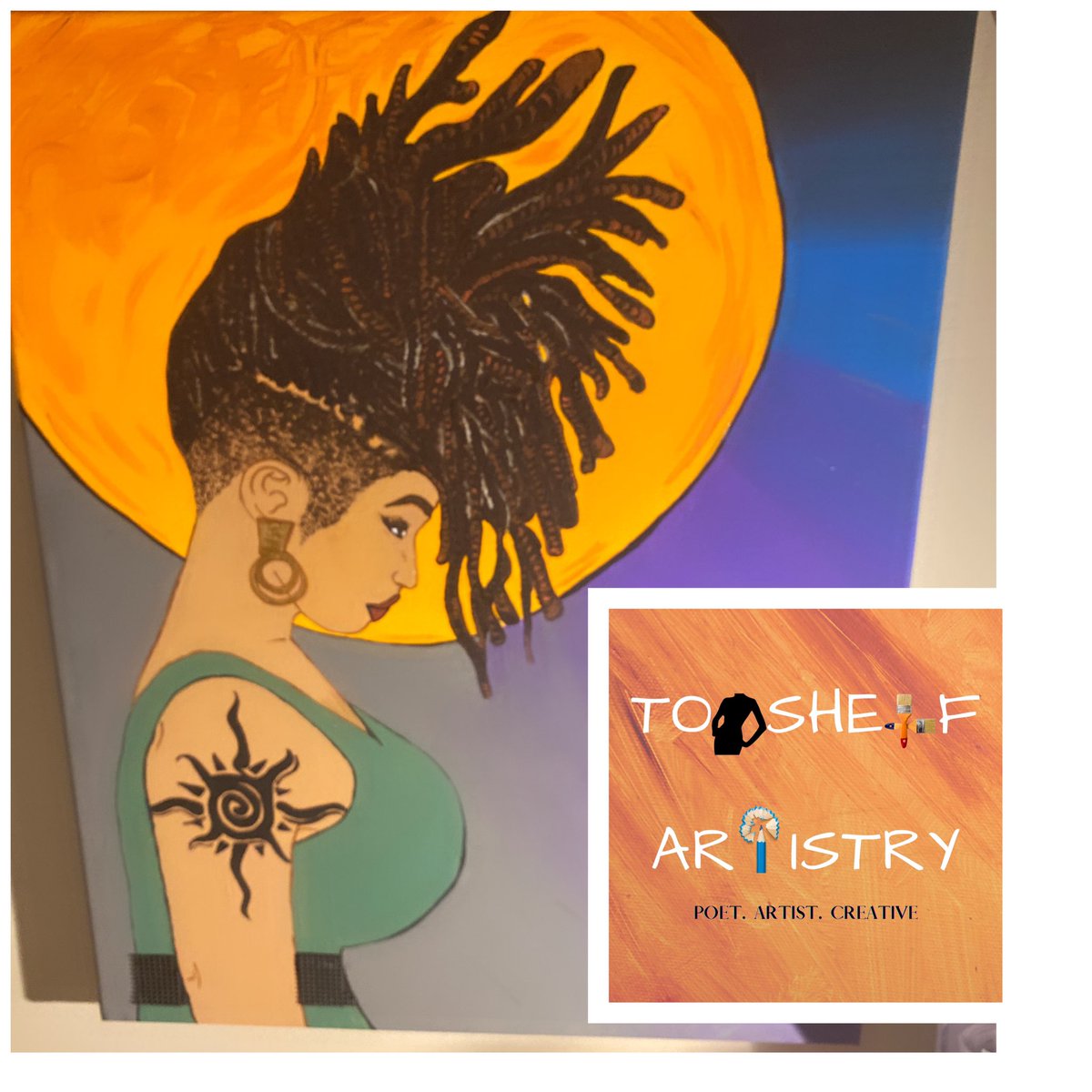 NiSisEyes's tweet photo. Follow me on Topshelf ARTistry to see when I drop new #art.
“Loc’d on my Reflection” is my newest #topshelfartistry piece. #Corresponding #poem soon to come. #art #blackartgang #orangemoon #sky #locs #tribal #reflection #artist #blackwomeninart #blackfemaleartist https://t.co/m0AhLXVdKf