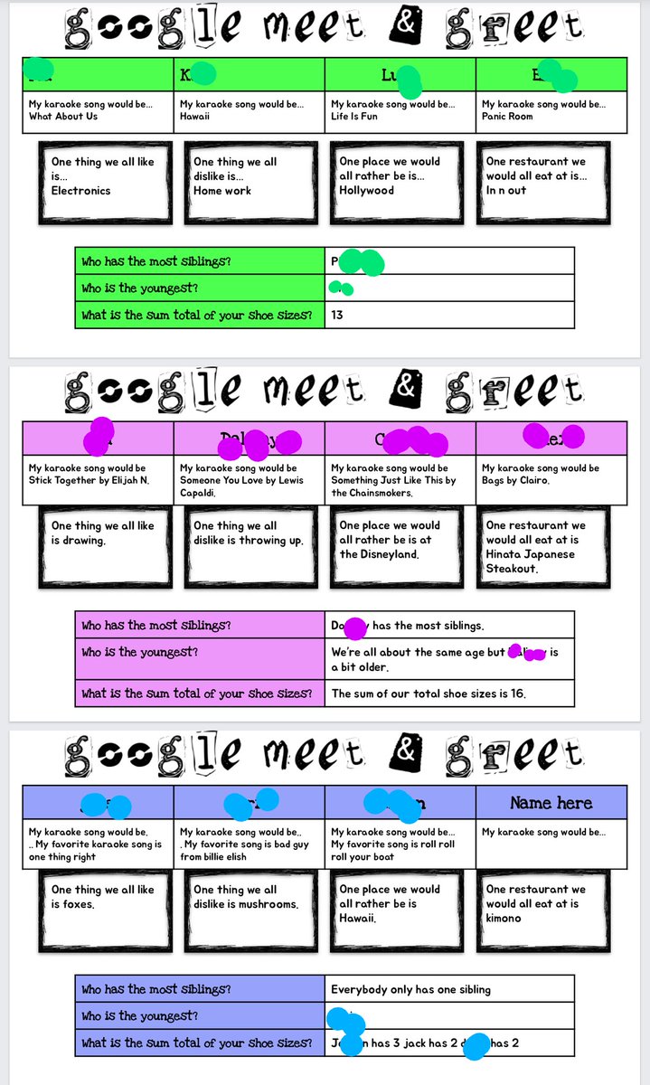 Now that we finally have Google Meet breakout rooms, we did a Meet &amp; Greet inspired by <a href="/sarahjteacher/">Sarah Jacobs</a> and <a href="/10Ledezma1/">Elvira Ledezma 👩🏻‍🏫🍎✏️</a>! It's never too late to get to know your classmates better. 😍 #distancelearning