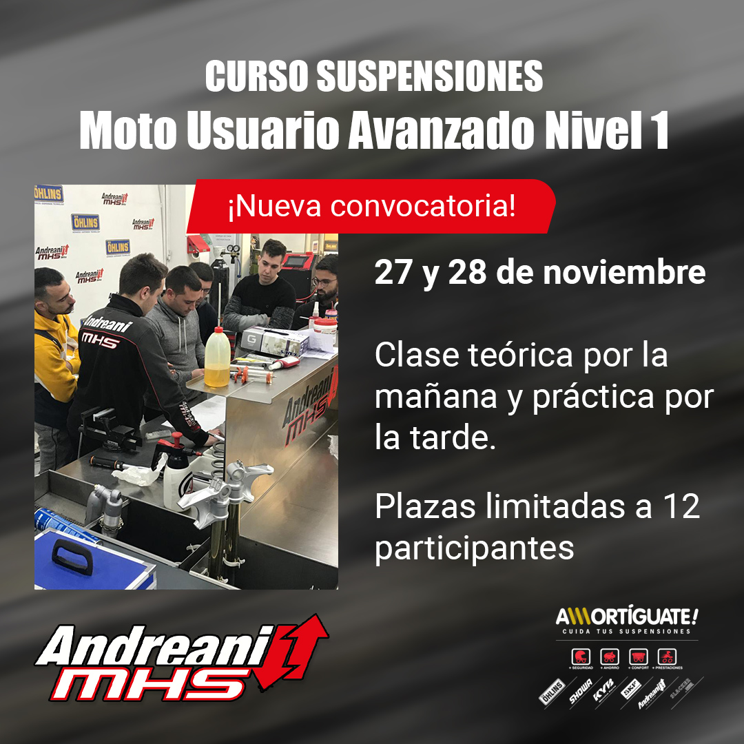 Debido a la alta demanda ponemos a vuestra disposición una nueva convocatoria para el #curso presencial de #suspensiones #Moto Usuario Avanzado Nivel 1 los días 27 y 28 de noviembre.

Date prisa ¡no te quedes sin tu plaza!

💻 andreanimhs.com/formacion
📧 formacion@andreanimhs.com