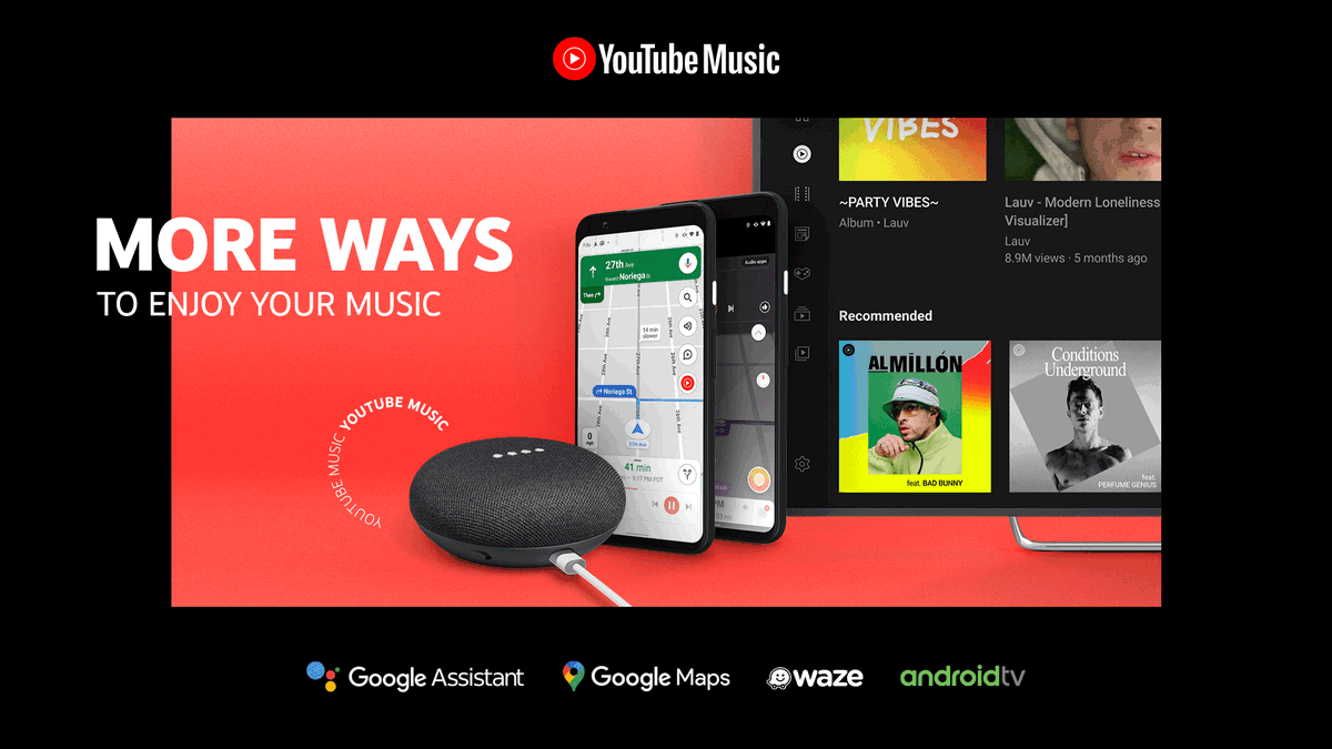 'Hey @Google, play Released on #YouTubeMusic.” Now @YouTubeMusic works with more of your favorite apps! 🎶 Listen to your personal playlists with @Google Assistant, @GoogleMaps, @Waze, & @Android TV. Download now to transfer your library → music.youtube.com