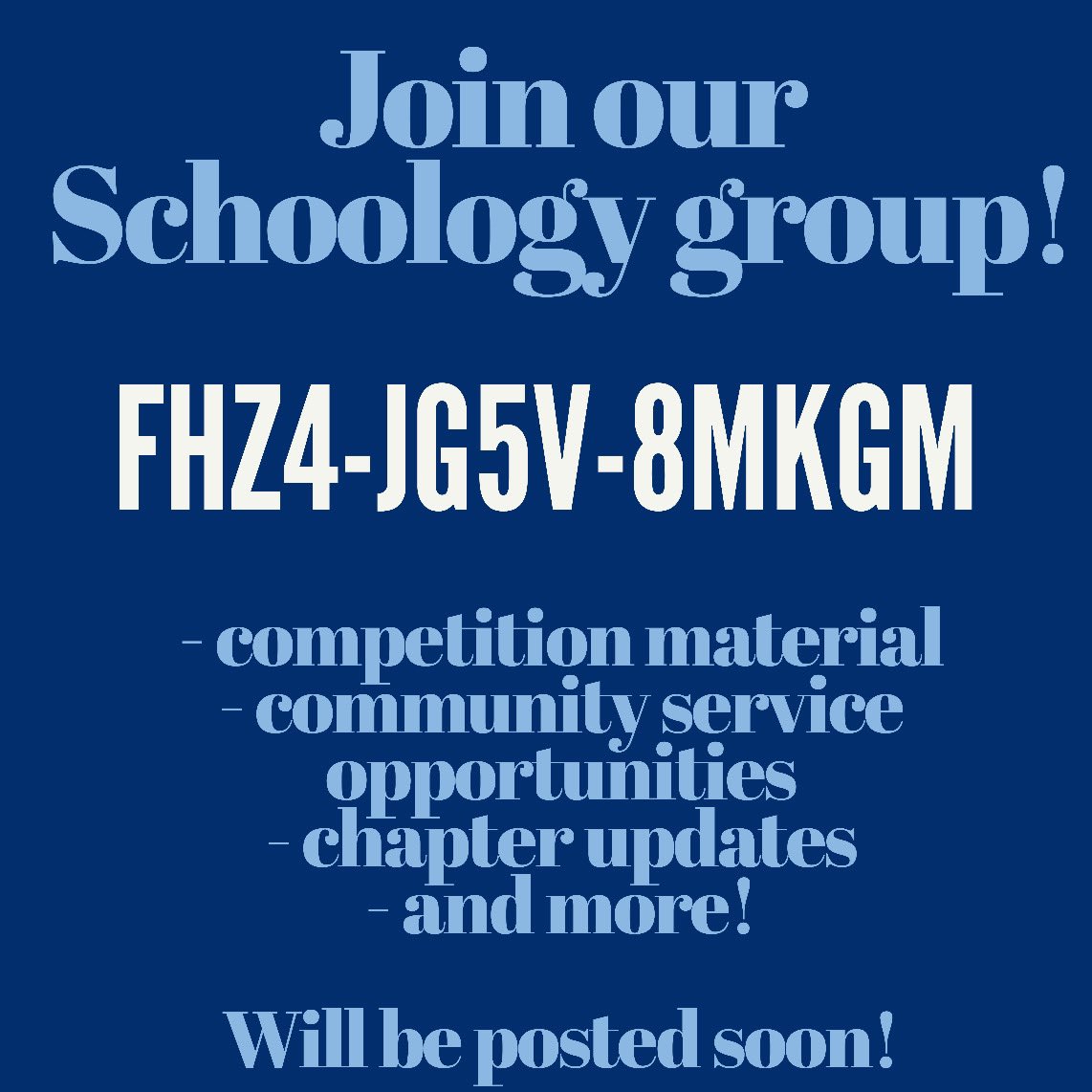 members- make sure to join our schoology group after you pay your dues + fill out your membership form! when signing up make sure to click on groups and not classes 😎💠💙